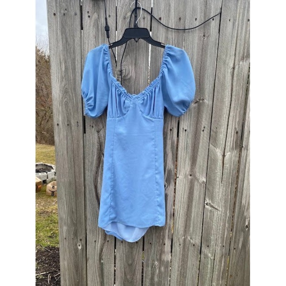 Cloud Ten Light Blue Puff Sleeve Lace Up Back Mini Dress Sweetheart Neck‎ Small
